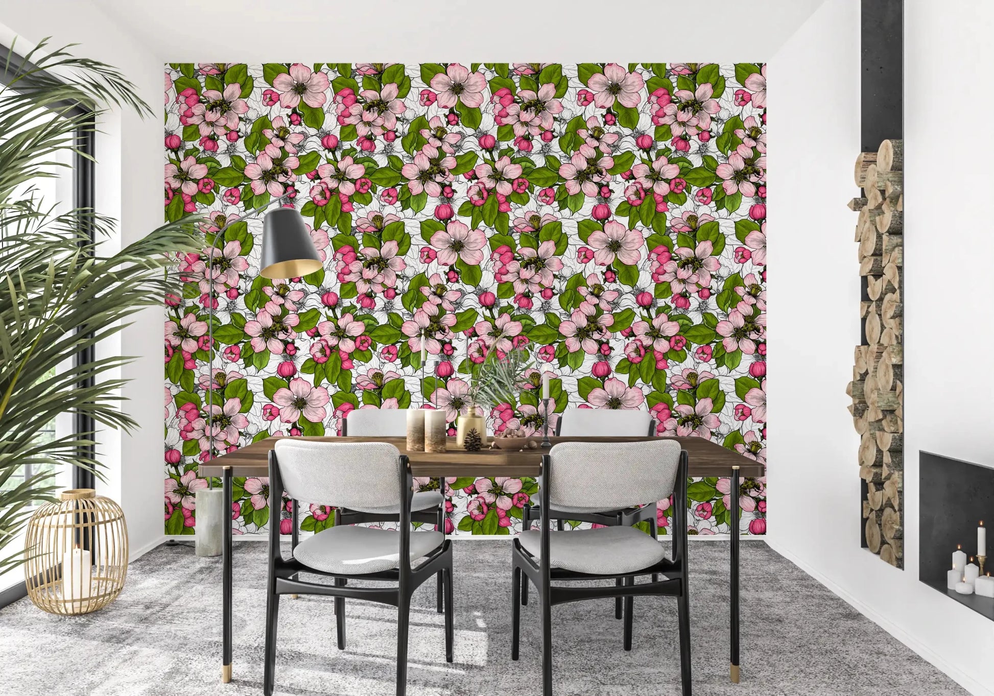 Pink flower wallpaper with apple blossom branches and green foliage