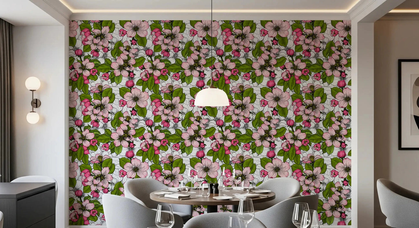 Apple Blossom on White Wallpaper in dining room with pink floral detail