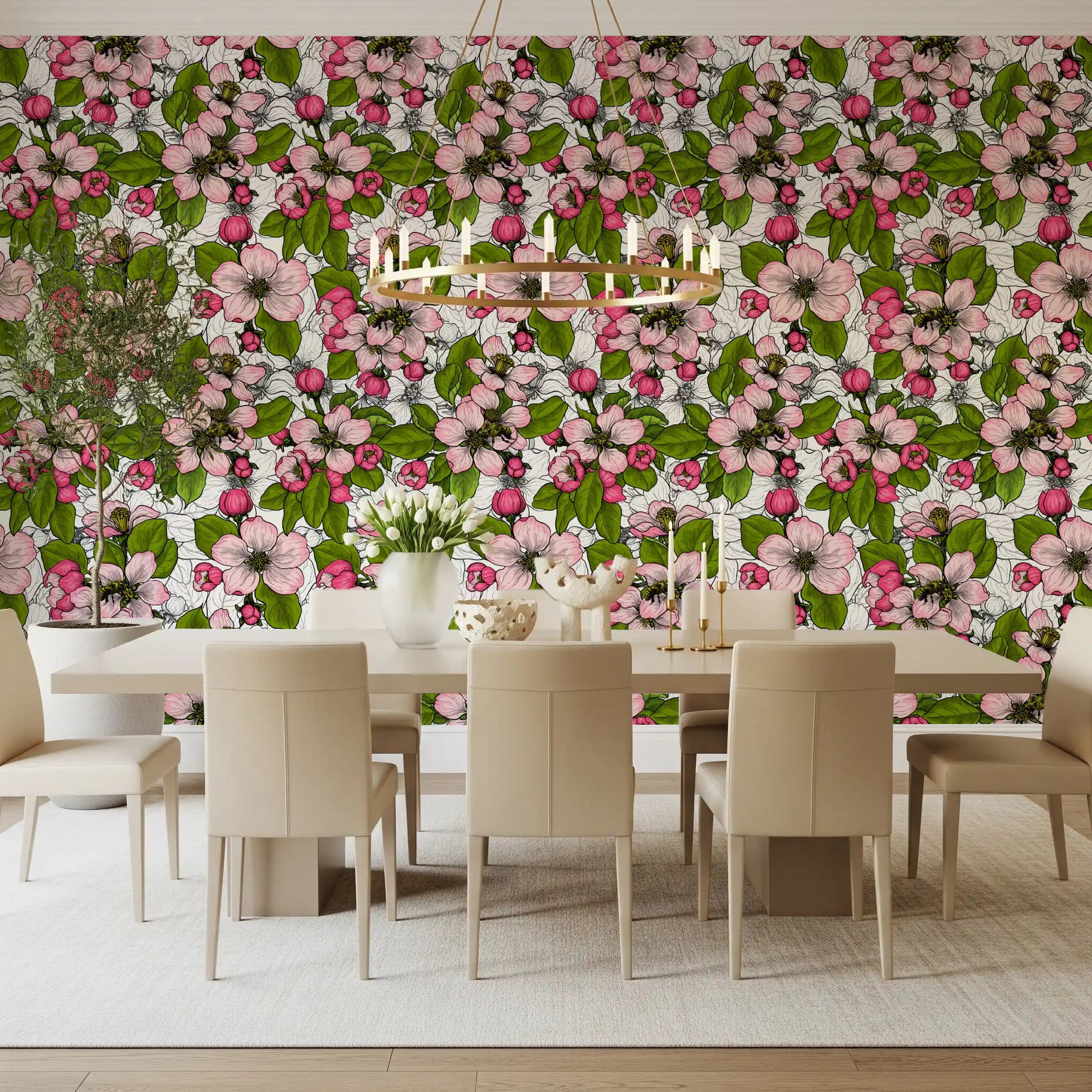Botanical wallpaper with apple blossoms, green leaves, and white contrast