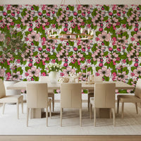 Botanical wallpaper with apple blossoms, green leaves, and white contrast