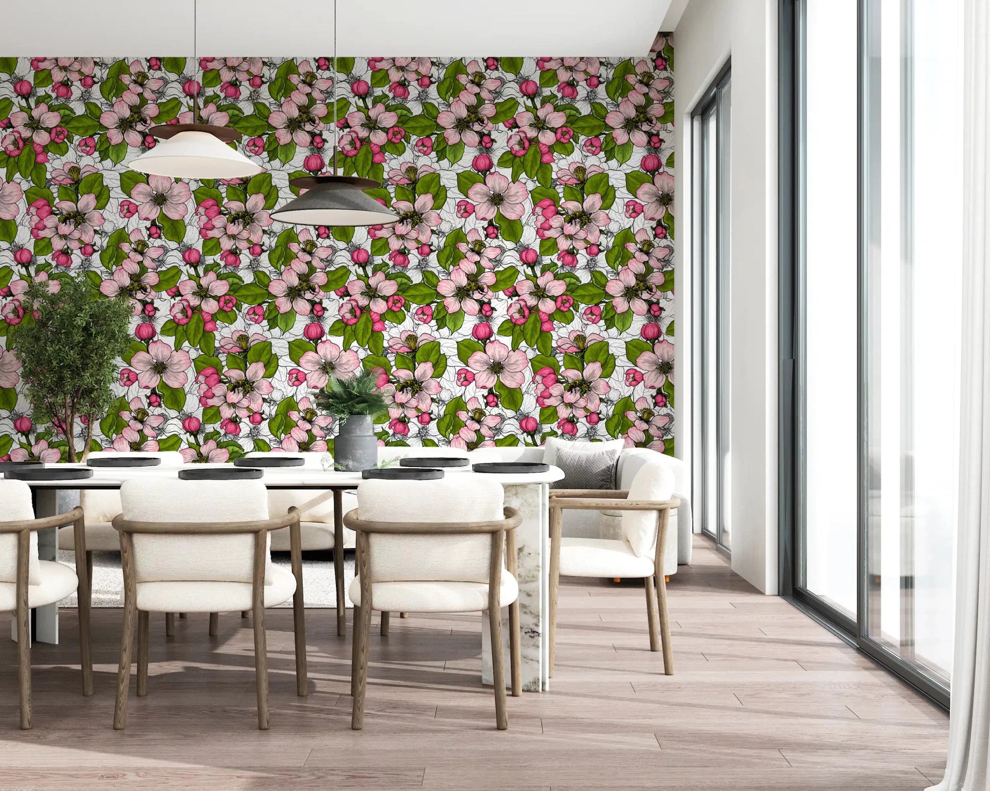 White wallpaper with blooming apple flowers and soft botanical pattern