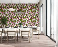 White wallpaper with blooming apple flowers and soft botanical pattern
