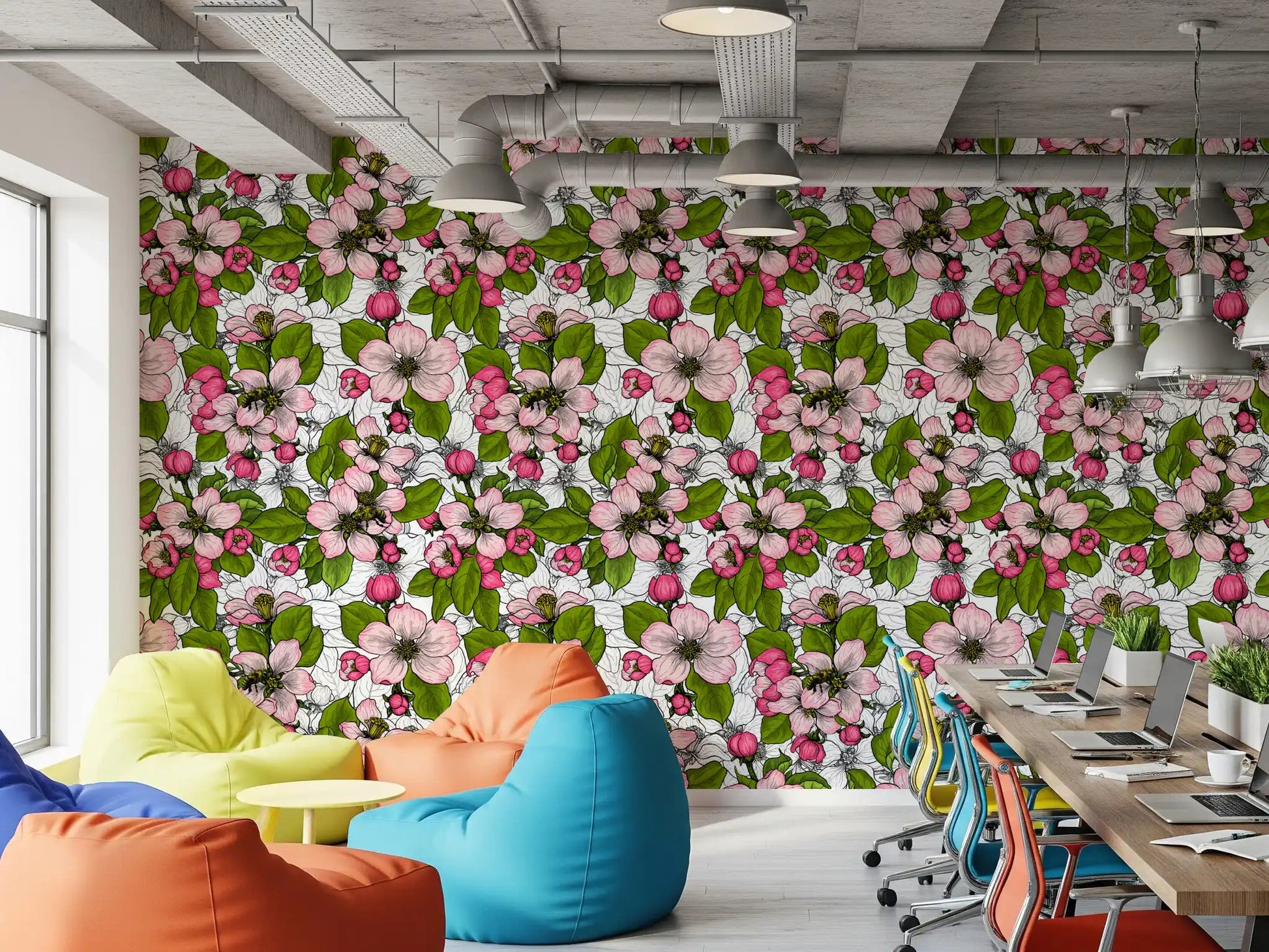 White botanical wallpaper with clustered pink flowers and leaf detail