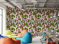 White botanical wallpaper with clustered pink flowers and leaf detail