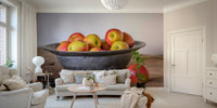 Red and yellow apples on rustic table
