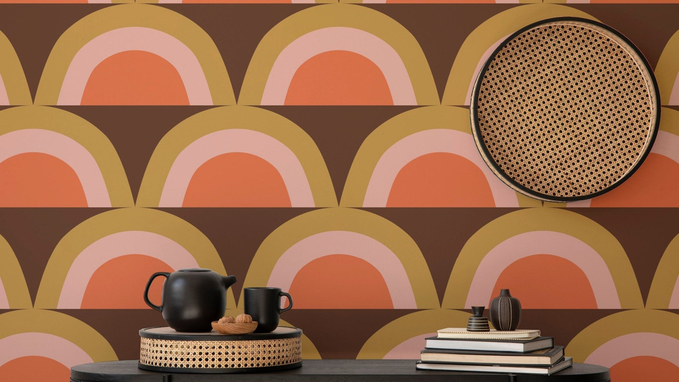 Warm-toned boho rainbow wallpaper design
