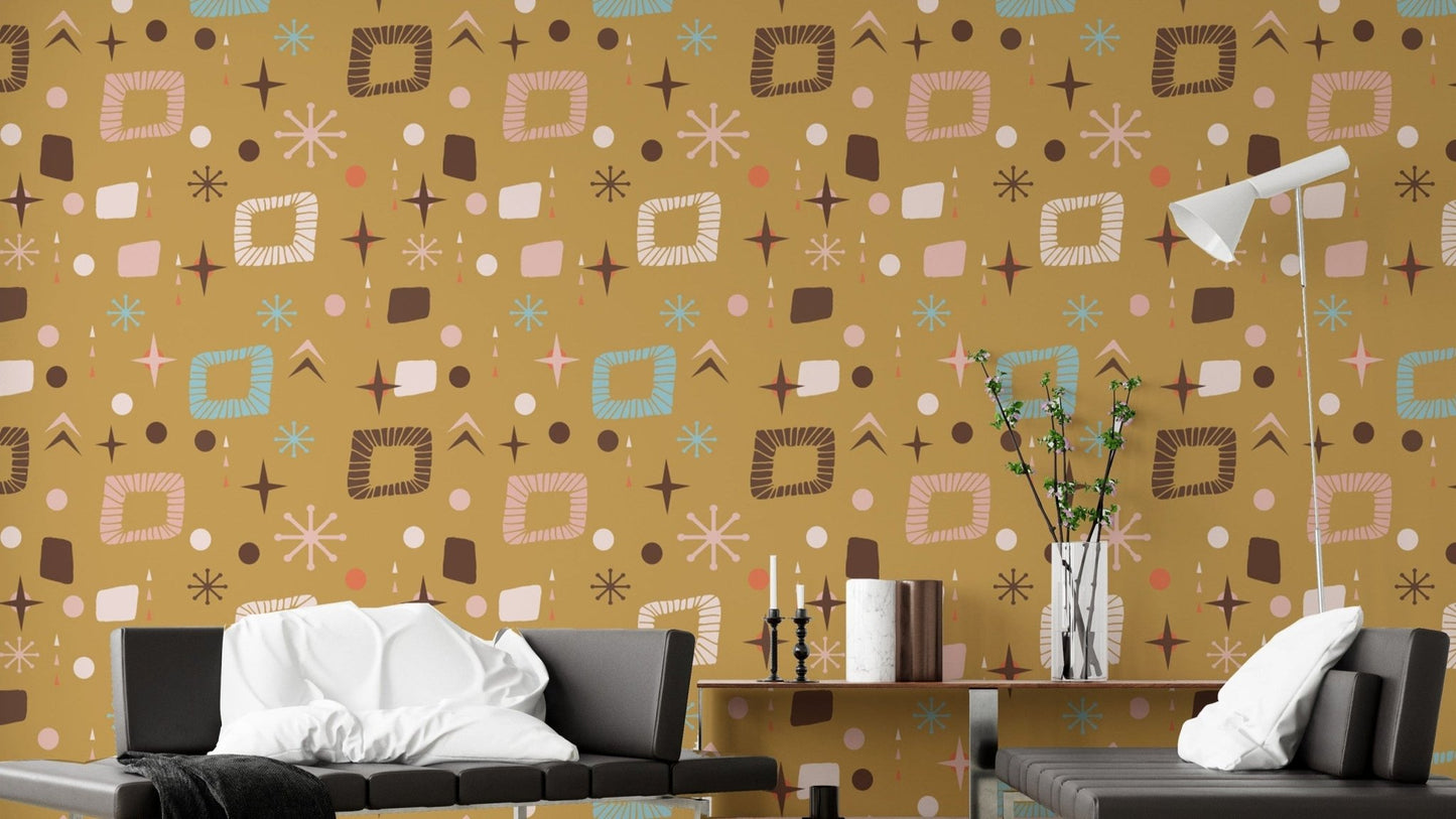 Retro mid-century modern yellow pattern wallpaper
