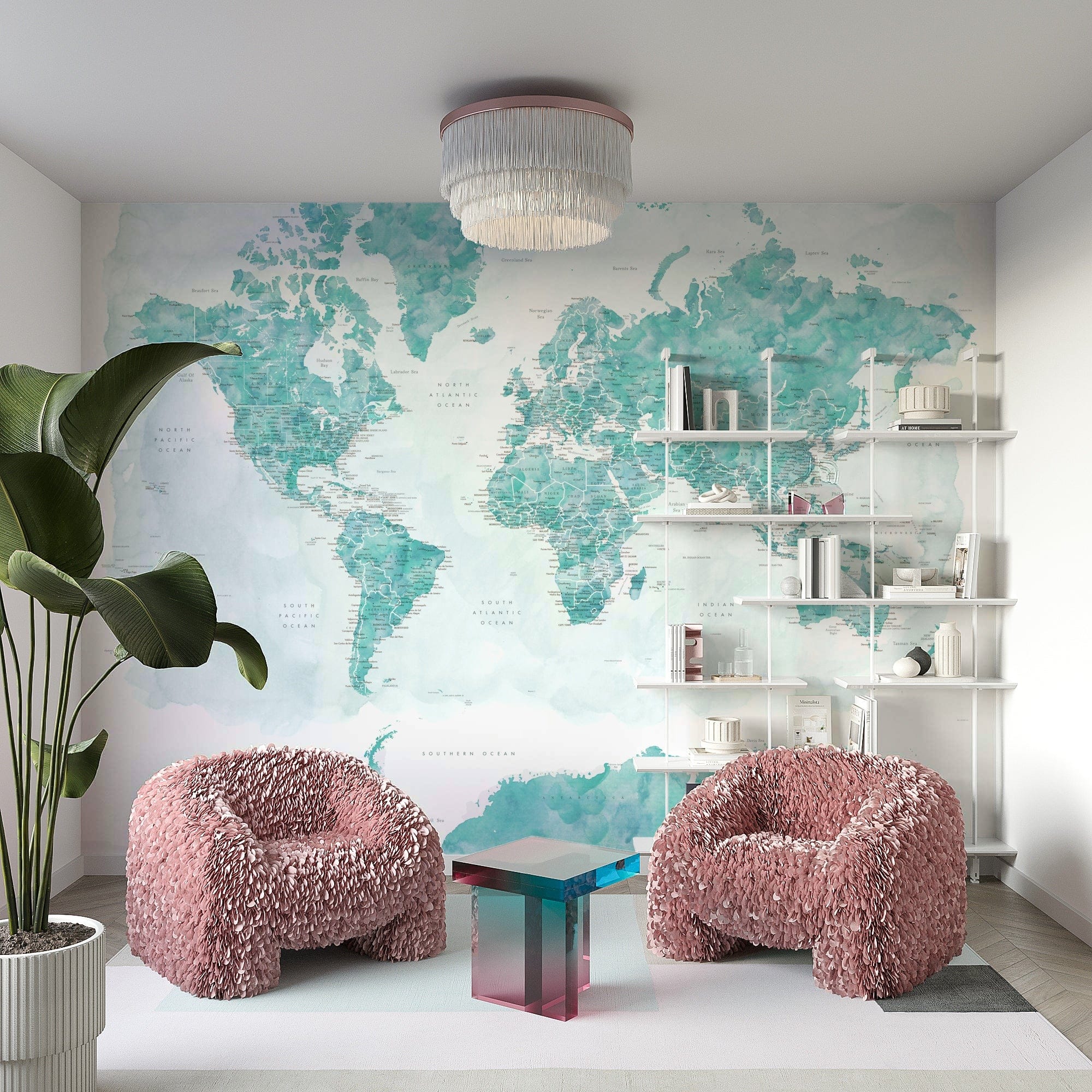 Aqua blue watercolor world map wallpaper GD212

