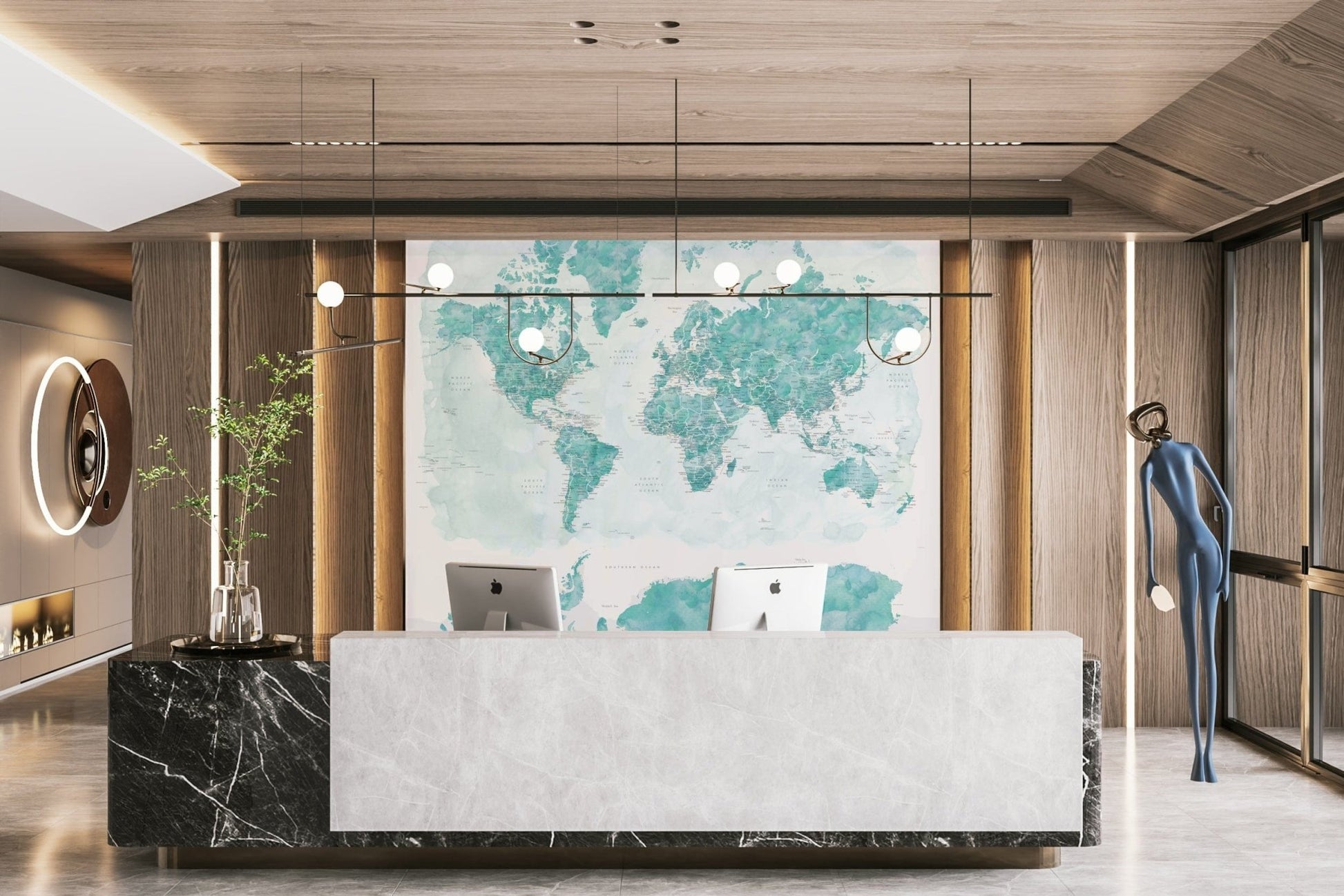 Modern aqua blue world map wallpaper

