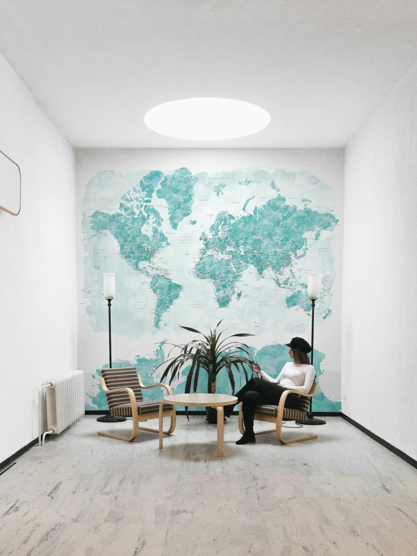 Aqua blue watercolor map wall art

