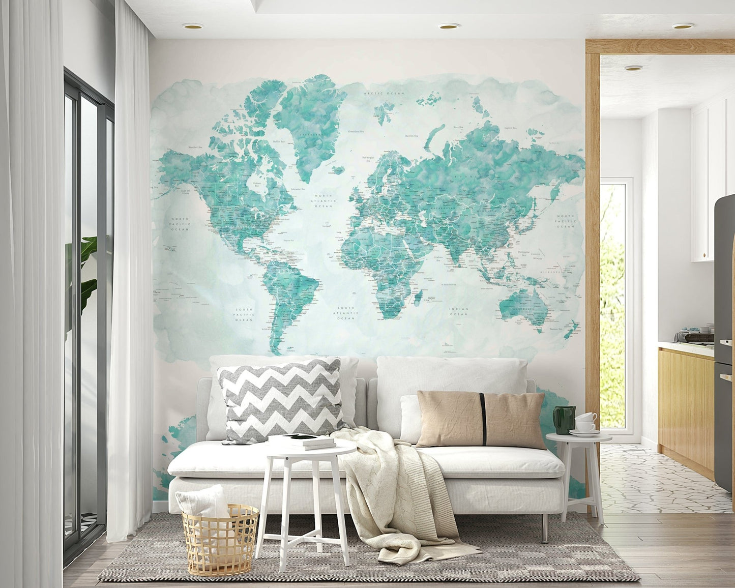 Aqua blue artistic world map mural

