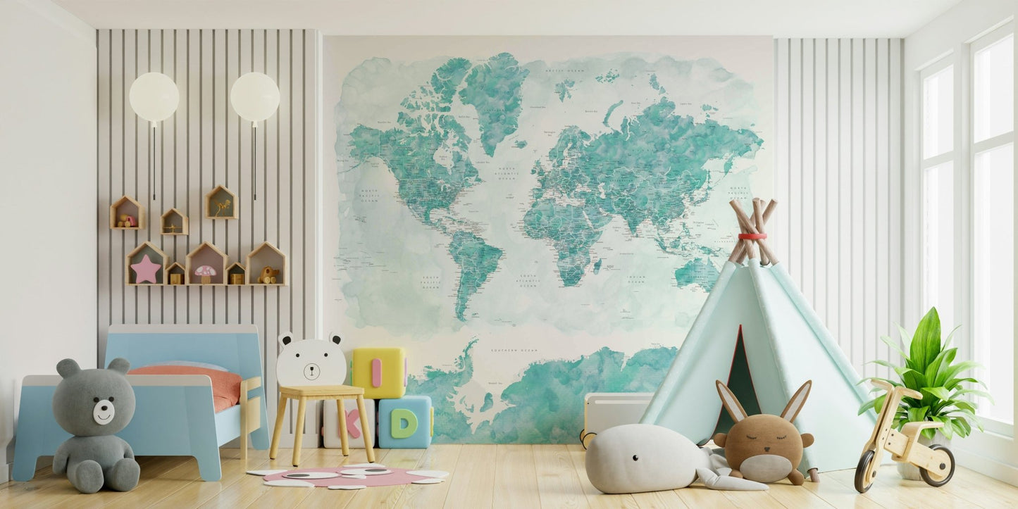 Watercolor aqua blue world map decor

