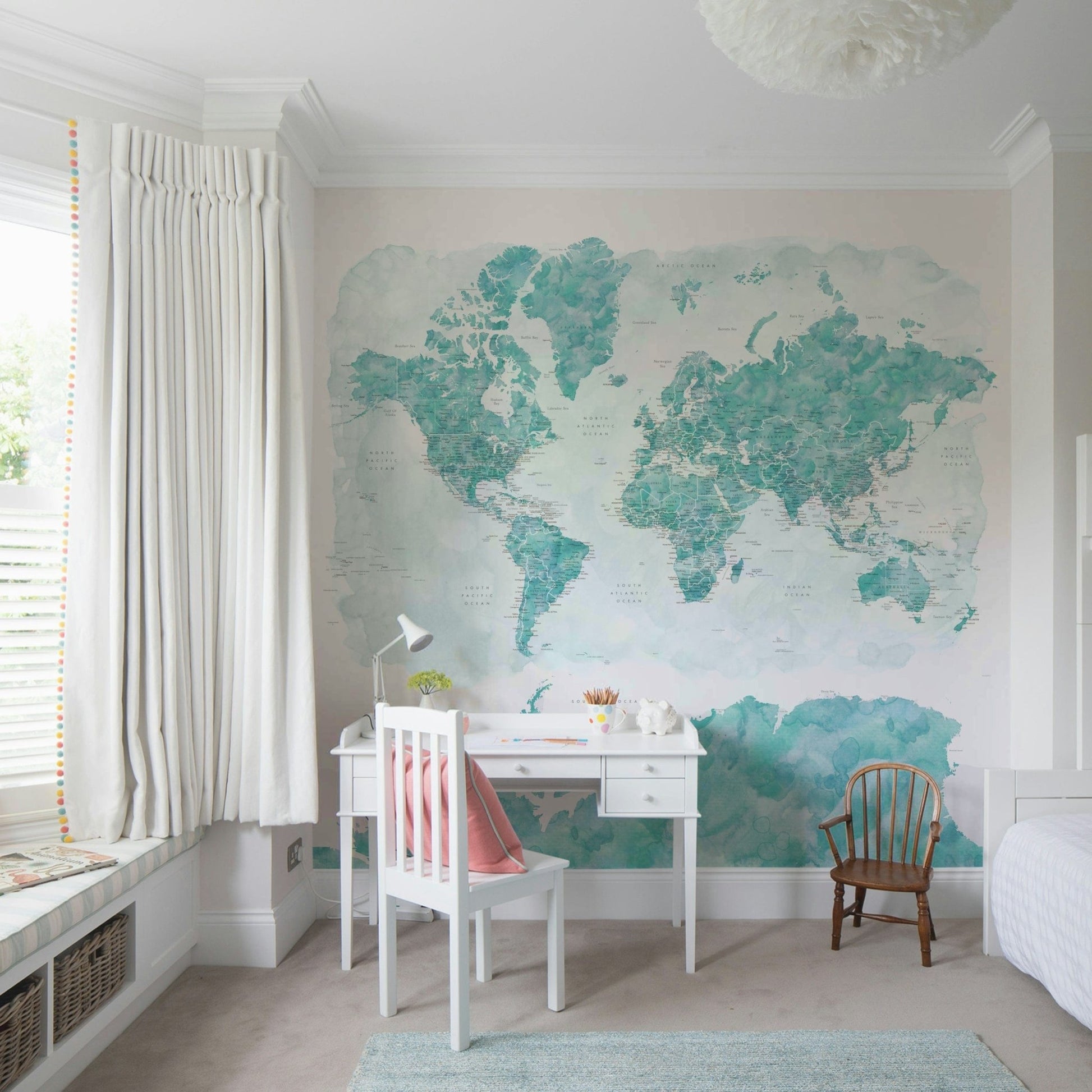 Aqua blue map wall covering

