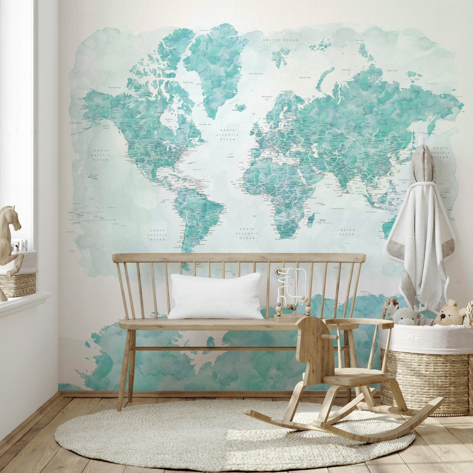 Watercolor aqua blue world map decor

