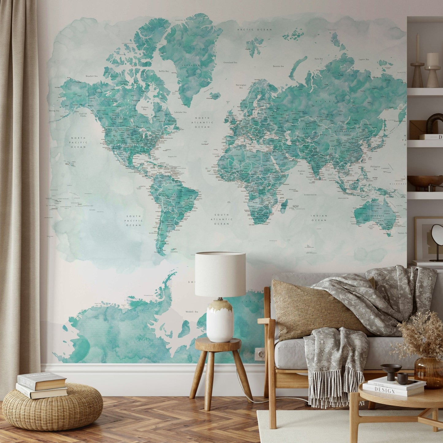 Watercolor world map in aqua blue

