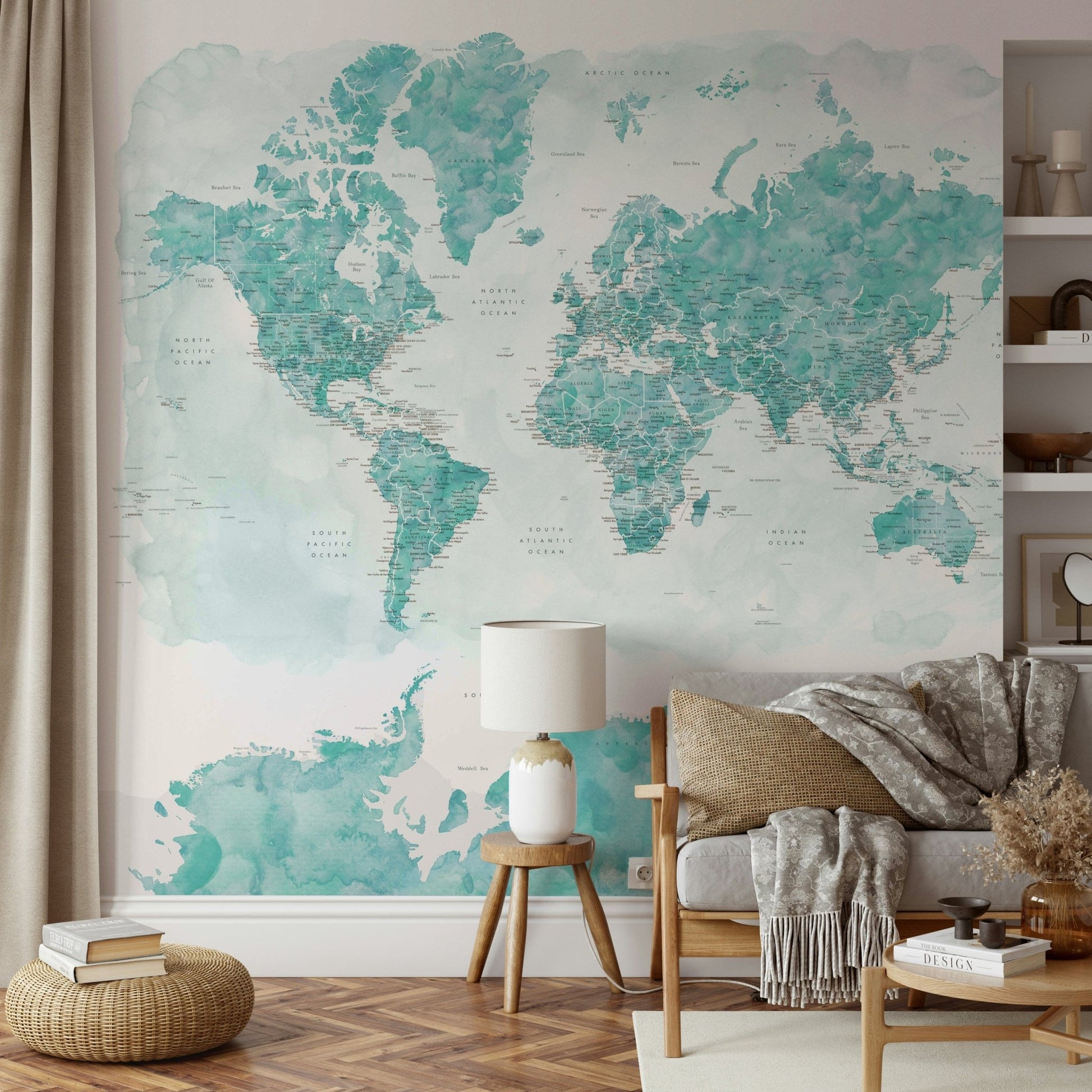 Watercolor world map in aqua blue

