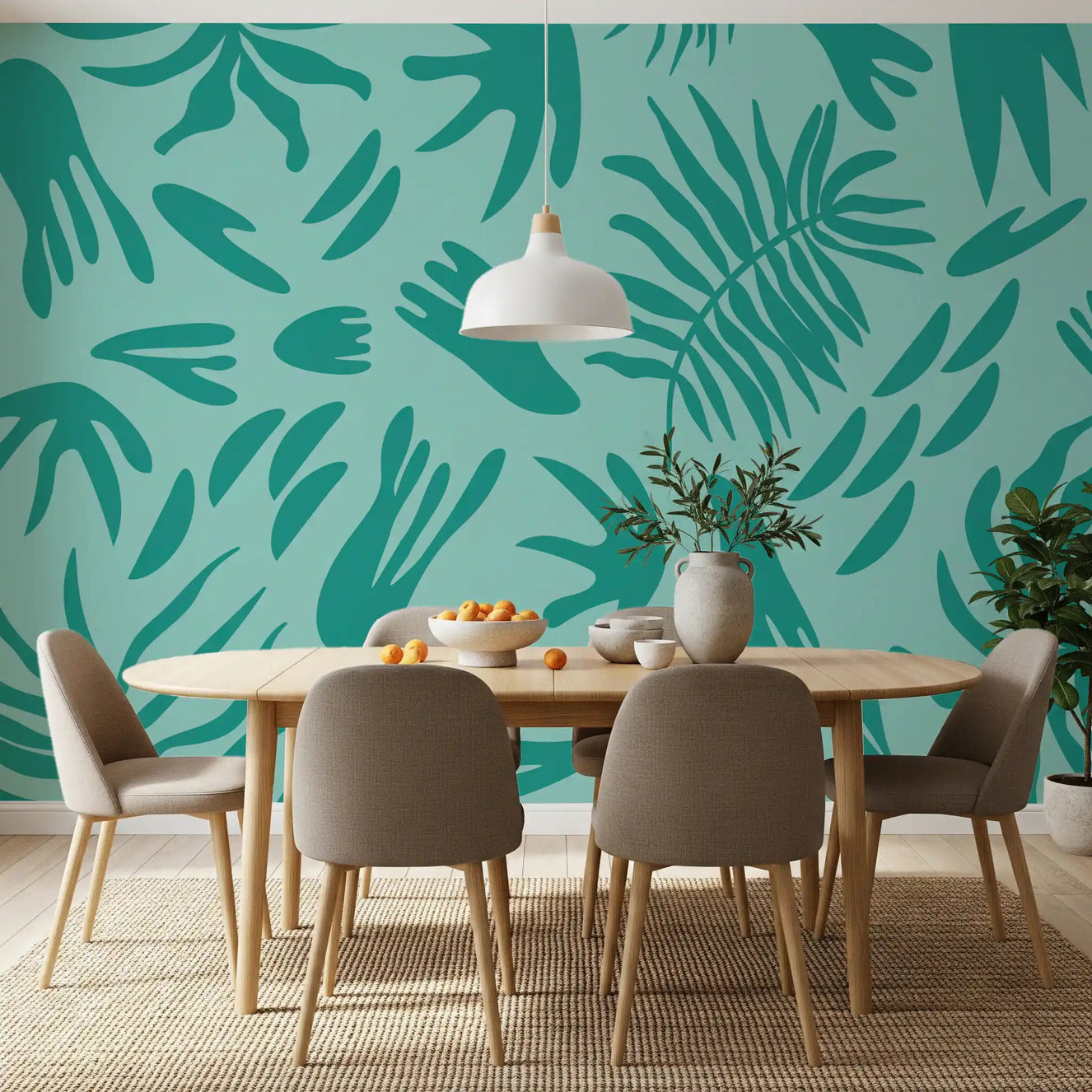 Dining room with Aqua Botanical Flow Wall Mural in cool aqua leaves