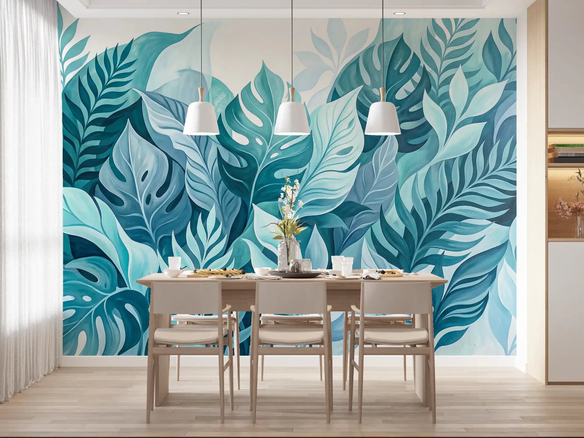 Slender ferns and palm fronds layer behind tropical leaves on the oasis wall mural
GD9568