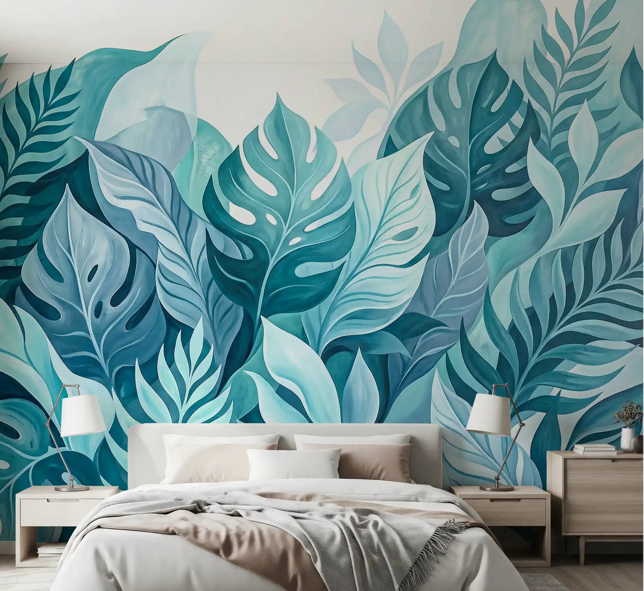 Bedroom borrows a tropical calm from the Aqua Botanical Oasis wall mural
GD9568