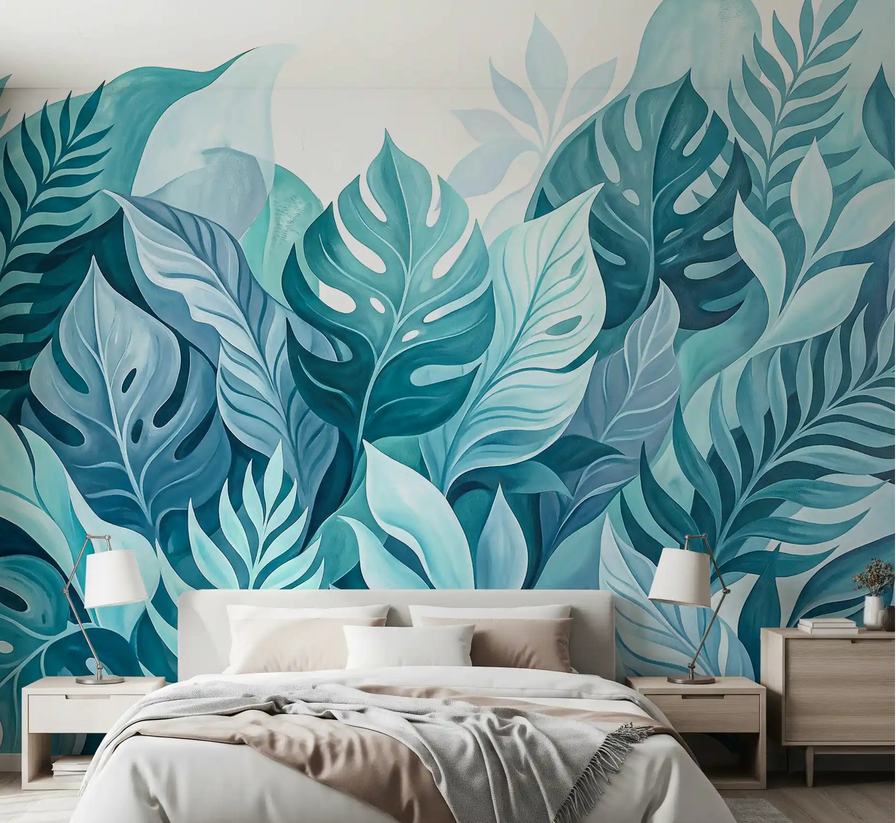 Bedroom borrows a tropical calm from the Aqua Botanical Oasis wall mural
GD9568