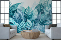 Big monstera leaves crowd painted aqua layers on this Aqua Botanical Oasis wall mural
GD9568