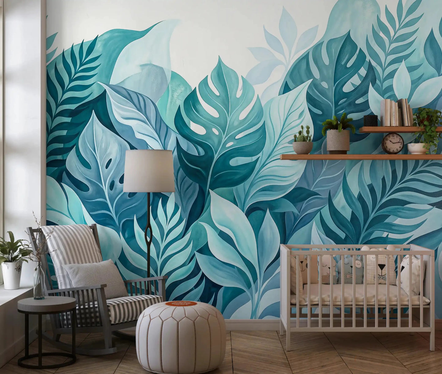 Nursery wraps in calm aqua leaves on this Aqua Oasis wall mural
GD9568