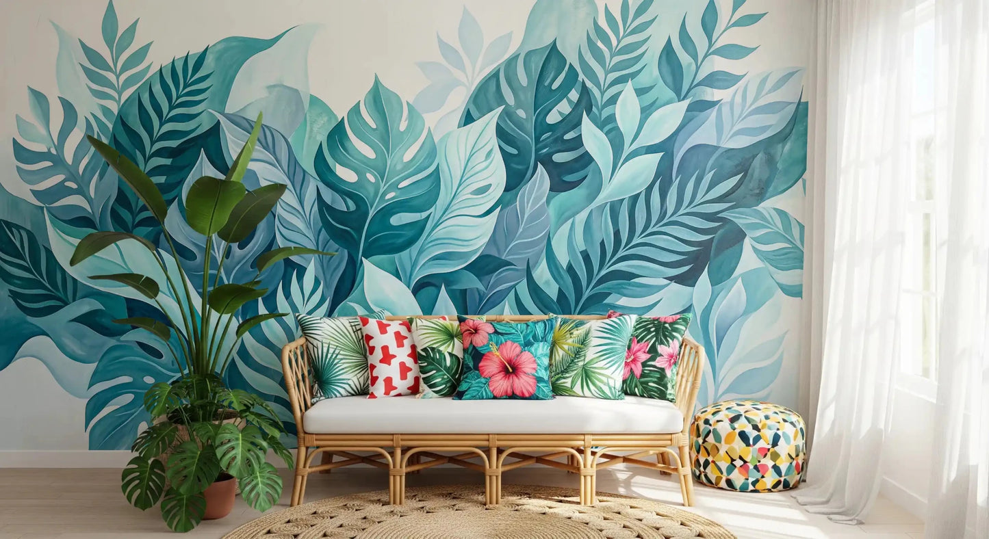 Living room pairs cleanly with the painted aqua leaves on this wall mural
GD9568