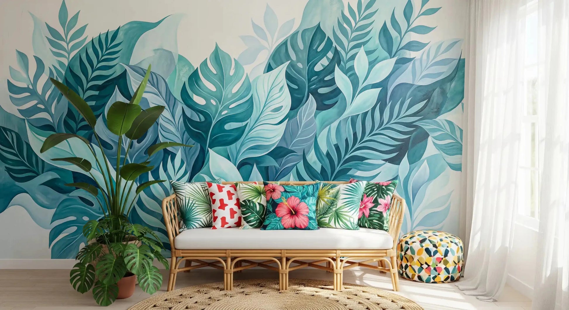 Living room pairs cleanly with the painted aqua leaves on this wall mural
GD9568