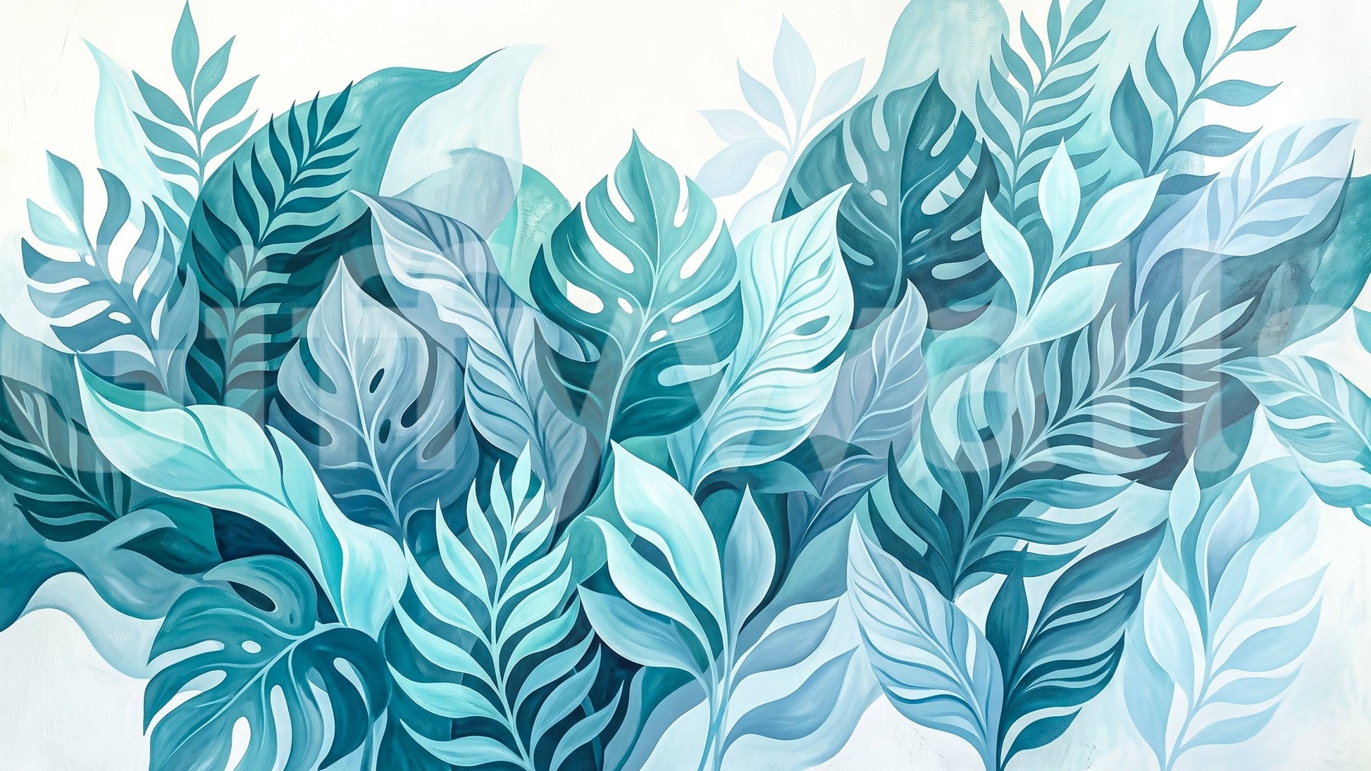 Deeper teal shadows meet pale icy highlights on this tropical leaf wall muralGD9568