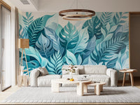 Lounge gets a softer, oasis feel beside this aqua botanical wall muralGD9568