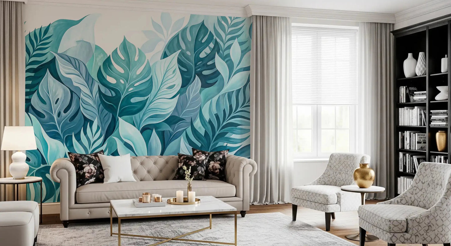Brush-paint texture runs through every leaf shape on this Aqua Oasis wall muralGD9568