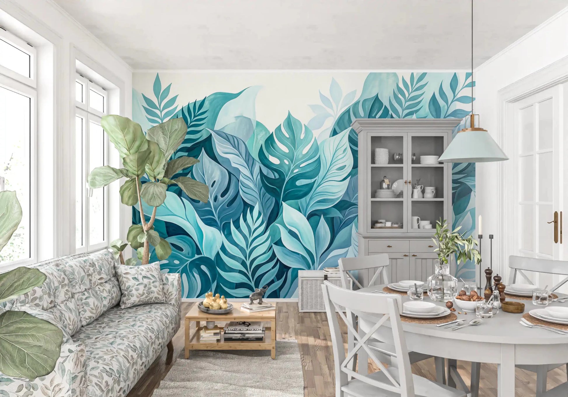 Dining room takes its mood from the cool tropical wall muralGD9568