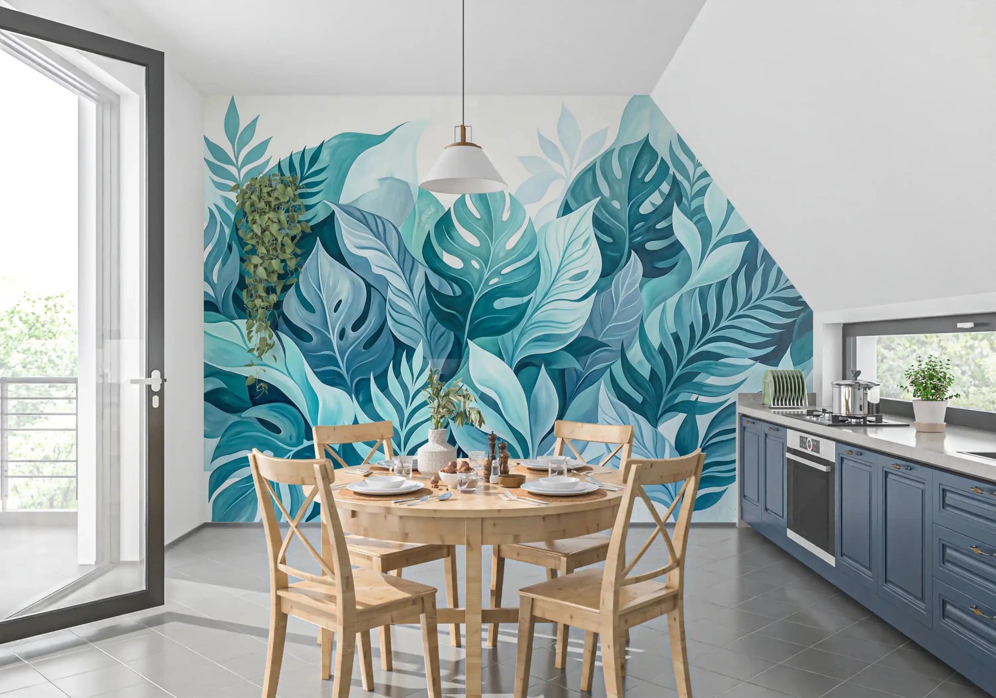 Cool aqua, turquoise, and pale teal mix across this painted tropical wall mural
GD9568