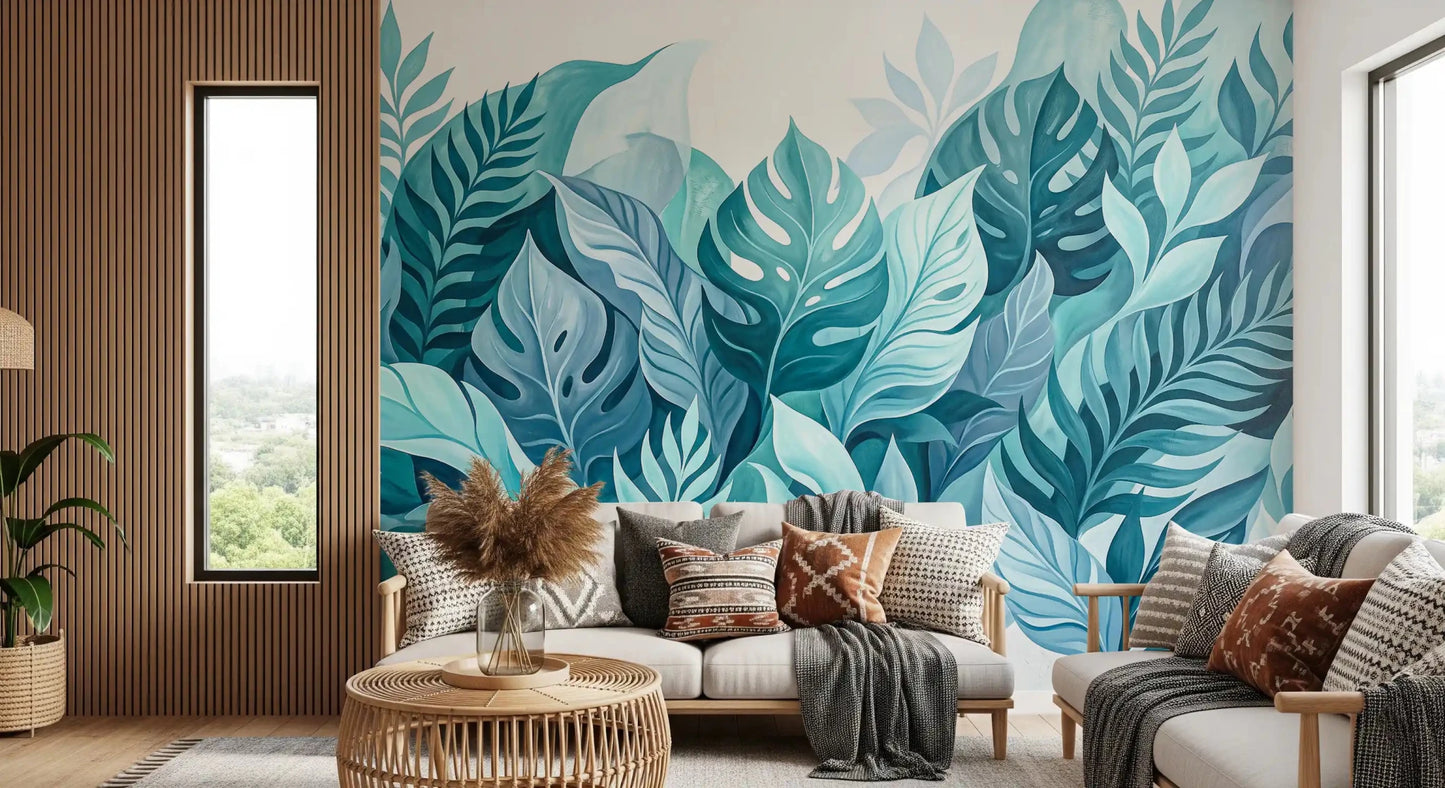 An open living area gains depth from the tropical leaves on this wall mural
GD9568