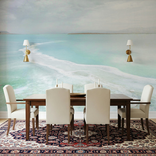Calm blue water wallpaper in a minimalist dining room.