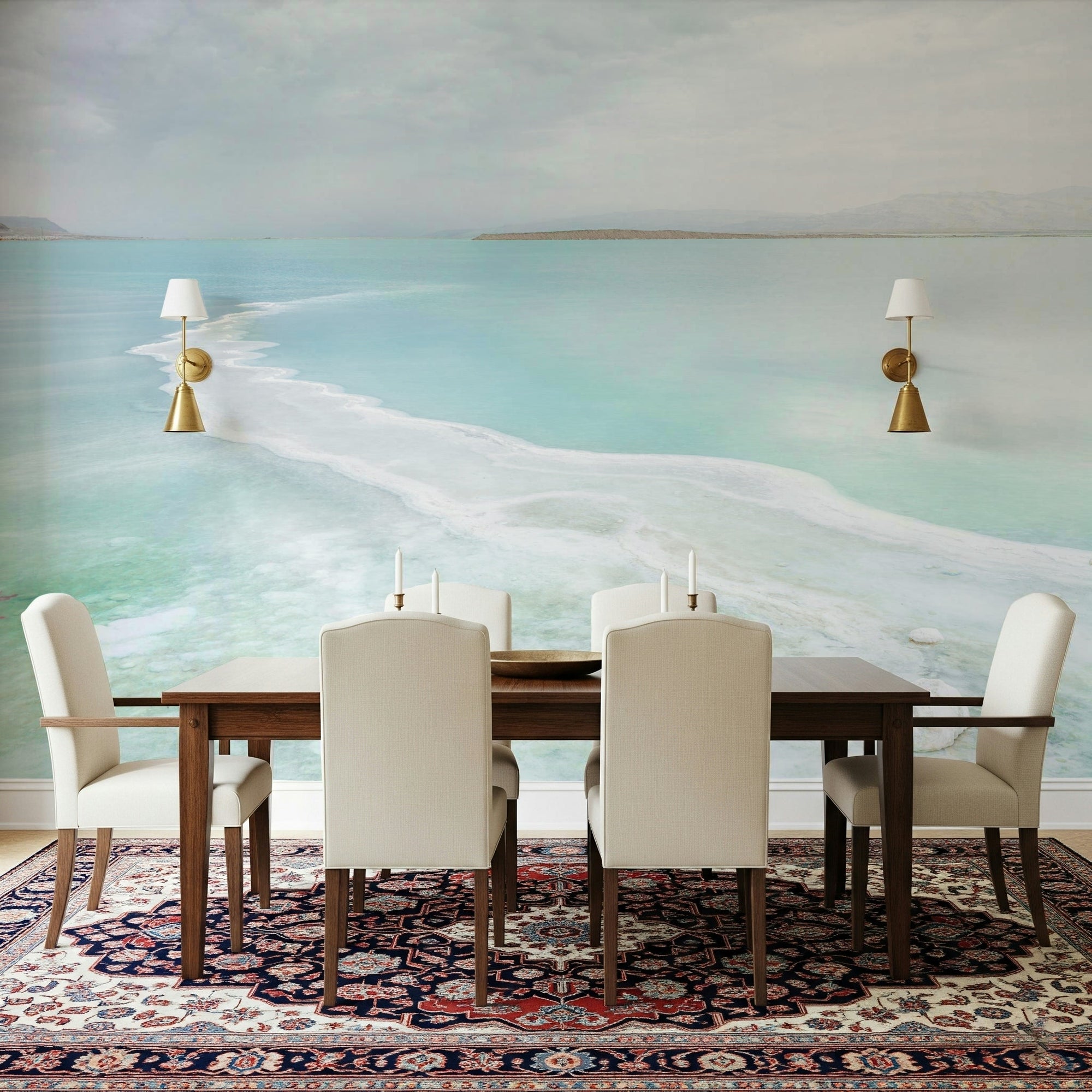 Calm blue water wallpaper in a minimalist dining room., GD7760