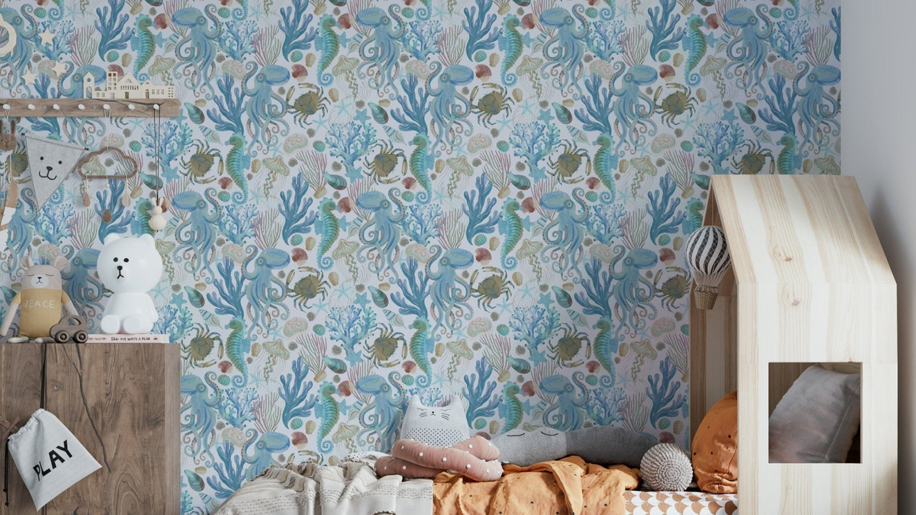 Coastal cabin sea life design in aqua shades

