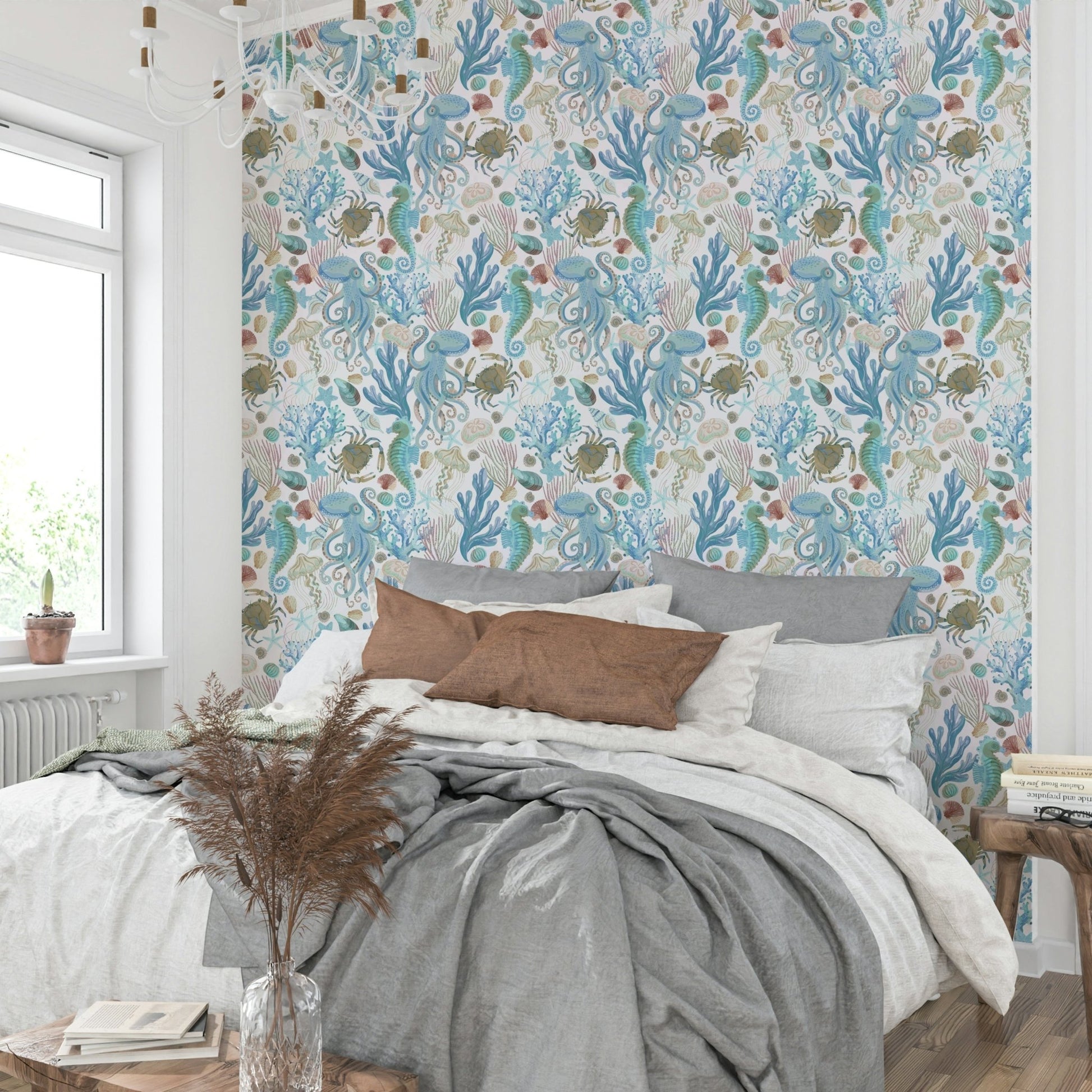 Starfish and seashells aqua wallpaper design GD470

