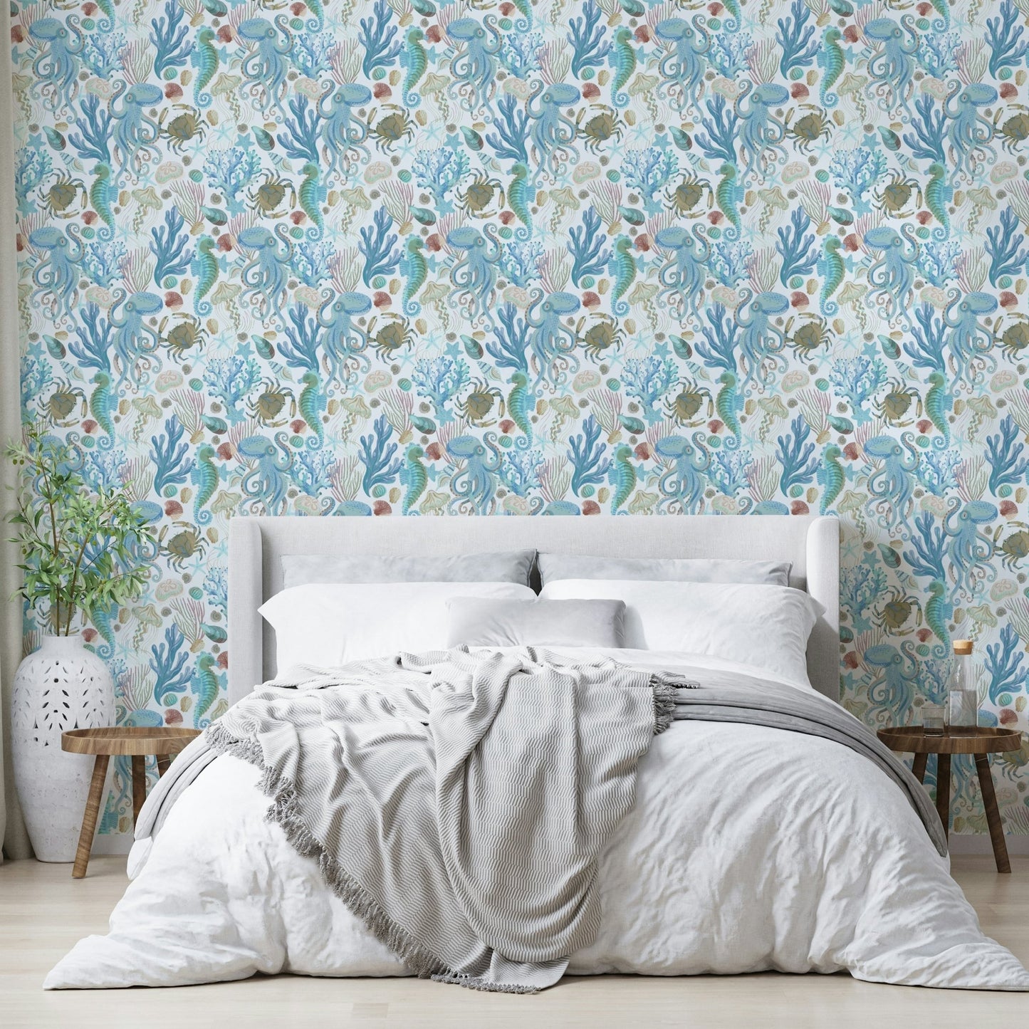 Seahorse and crab wallpaper in pastel blues GD470

