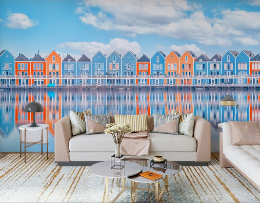 A cozy living area paired with Aqua Cottage Row Wall Mural and crisp blue water reflections