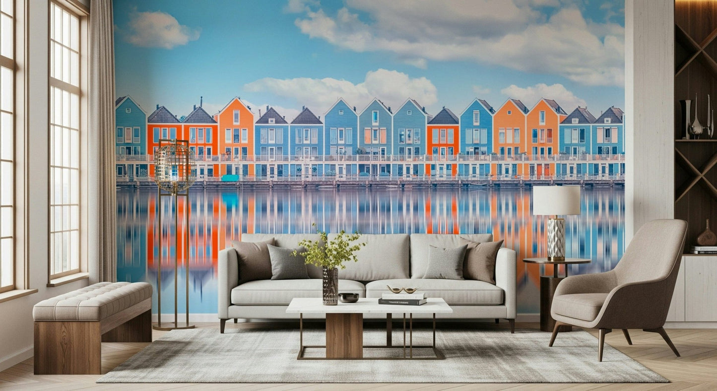 Aqua Cottage Row Wall Mural