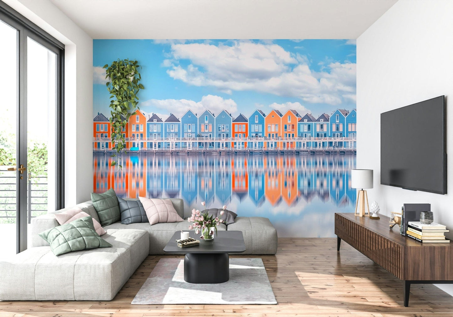 Aqua Cottage Row Wall Mural