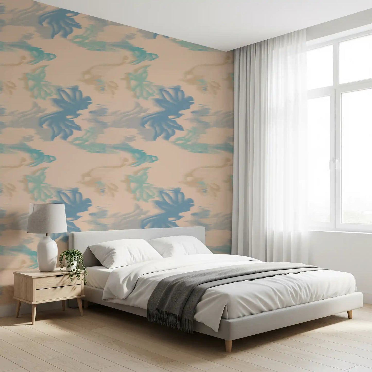 Bedroom wall with Aqua Drift Abstract wallpaper showing aqua fluid design, GD9260