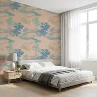 Bedroom wall with Aqua Drift Abstract wallpaper showing aqua fluid design, GD9260
