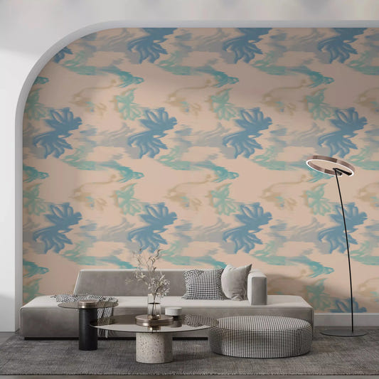 Living room styled with Aqua Drift Abstract wallpaper in soft blue flow tones