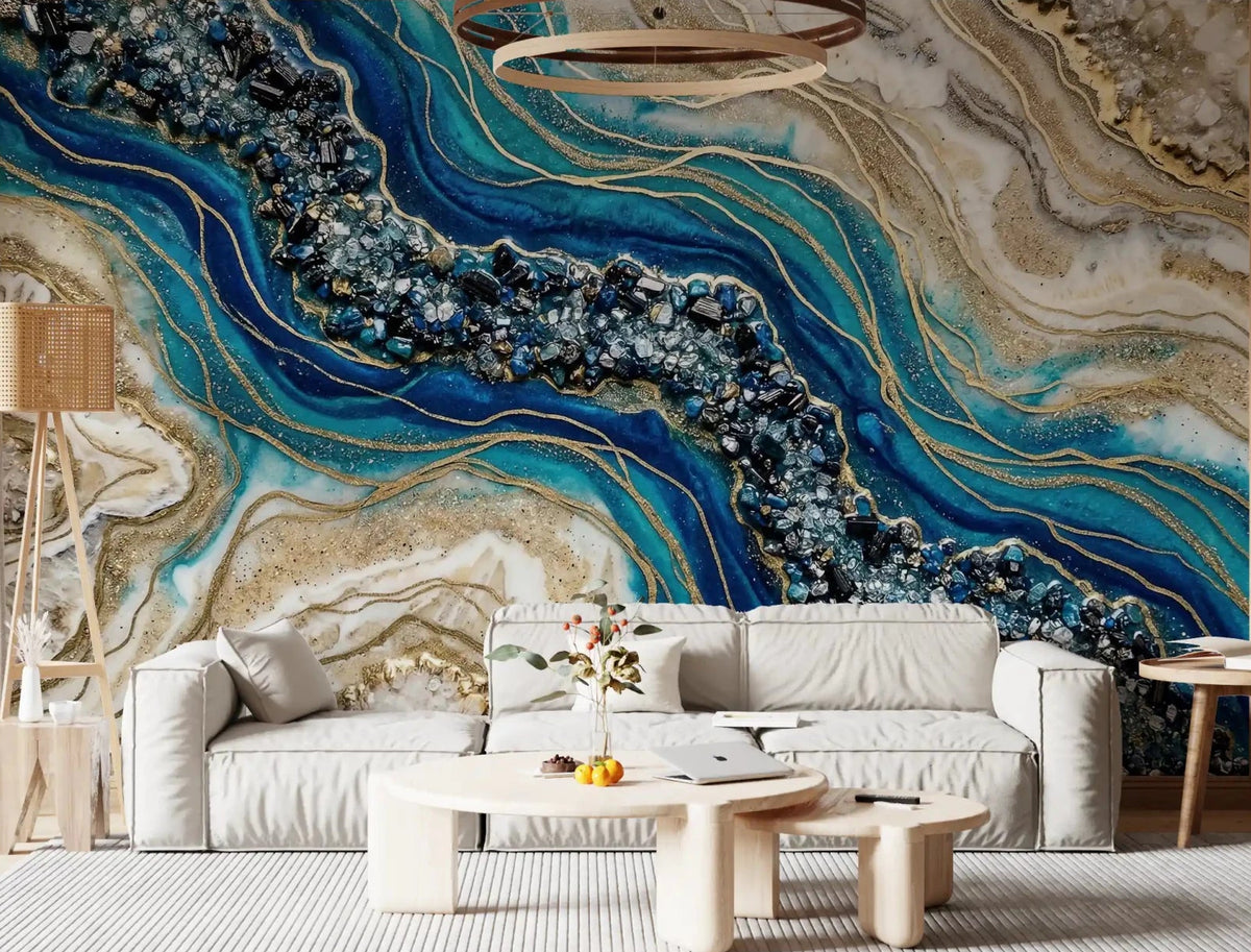 Living room with Aqua Gold Geode Flow mural and crystal detail, GD9044