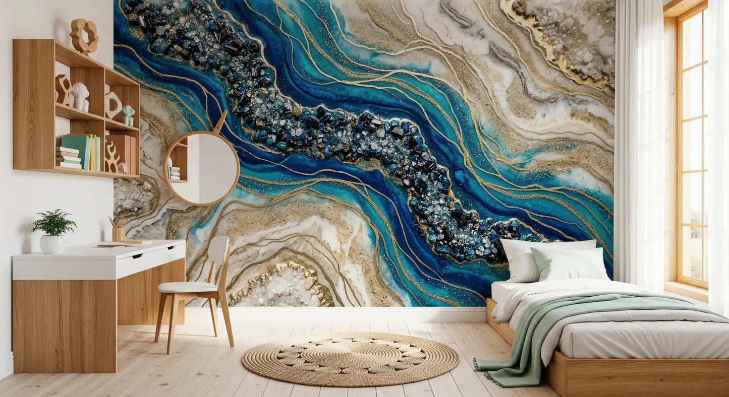 Aqua Gold Geode Flow Wall Mural