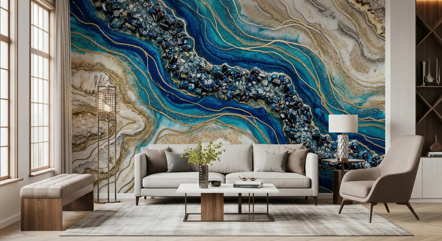 Aqua Gold Geode Flow Wall Mural