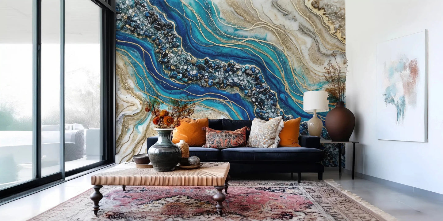 Aqua Gold Geode Flow Wall Mural