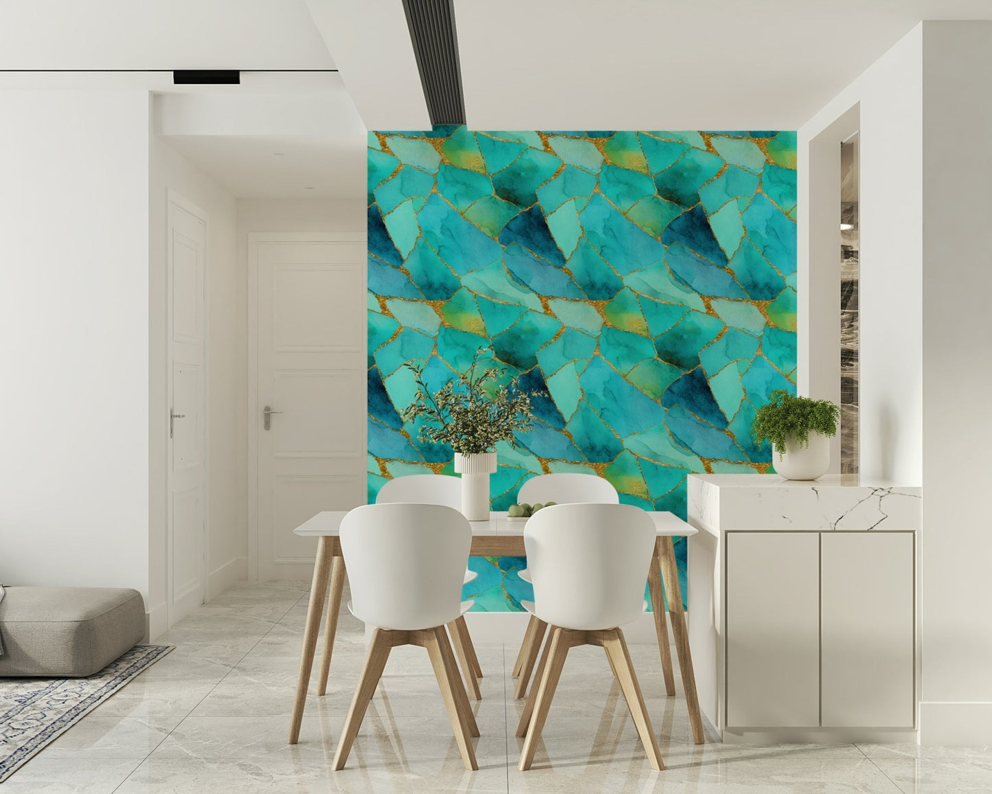 Iridescent segmented pattern Aqua Gold Marble Mosaic Wallpaper brightening an office.
